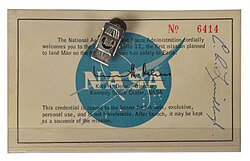 An Apollo 11 viewing pass signed by Lindbergh. He and his wife were Neil Armstrong's personal guests at the 1969 launch.[266]