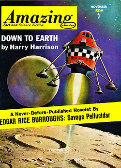 Harrison's novelette "Down to Earth" took the cover of the November 1963 issue of Amazing Stories.