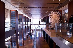 The main gallery, in the interior of the main building, is modeled after the Long Room of Trinity College, Dublin.