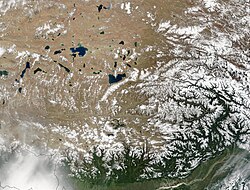 NASA satellite image of the southeastern Tibetan Plateau. The Brahmaputra River is in the lower right.