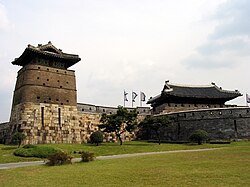 A frontal view of the west gate and watch tower