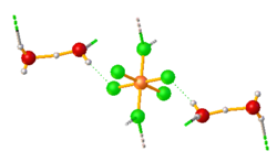 Structure of (H5O2)2SiF6. The hydrogen bonding between the fluoride and protons are indicated by dashed lines. Color code: green = F, orange = Si, red = O, gray = H.[4]