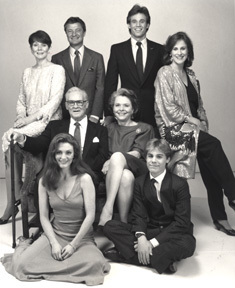 The original core family, the Hugheses, in the 1980s, clockwise from top left: Kim Sullivan Hughes (Kathryn Hays), Bob Hughes (Don Hastings), Tom Hughes (Gregg Marx), Margo Montgomery Hughes (Hillary Bailey Smith), Andy Dixon (Scott DeFreitas), Frannie Hughes (Julianne Moore) Center: Chris Hughes (Don MacLaughlin) and Nancy Hughes (Helen Wagner)
