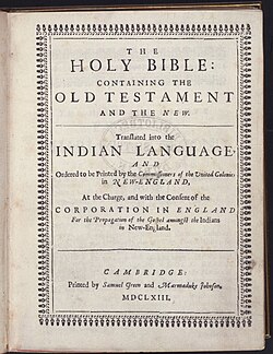 Cover of 1663 Bible translated into the Wampanoag language