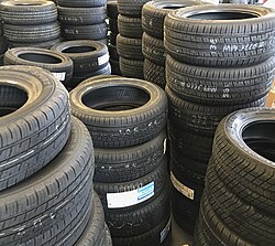 Assorted new automotive road tires, showing a variety of tread patterns.