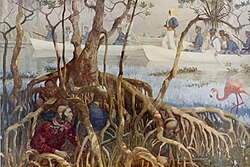 A U.S. Marine boat searching the Everglades for Seminoles (hiding in foreground) during the Second Seminole War, which lasted from 1835 to 1842