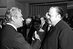 Sergei Bondarchuk and Welles at the Battle of Neretva premiere in Sarajevo (November 1969)