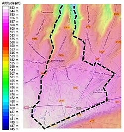 Elevations observed in the town of Lannemezan:Minimum: 442 metres (1,450 ft)Maximum: 647 metres (2,123 ft)Average: 545 metres (1,788 ft)