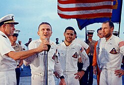 Crew of Apollo 8 addressing the crew of USS Yorktown after successful splashdown and recovery