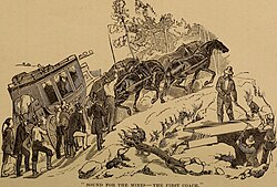 Gentlemen ordered out of the coach to lighten the load on the horses. Three put their shoulders to the back.