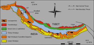 Geological map showing the Gangdese batholith, which is a product of magmatic activity about 100 million years ago.