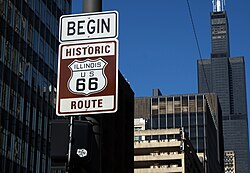A sign commemorating the terminus of Route 66