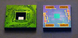 Front and back of a silicon pressure sensor chip. Note the etched depression in the front; the sensitive area is extremely thin. The back side shows the circuitry, and rectangular contact pads at top and bottom. Size: 4×4 mm.