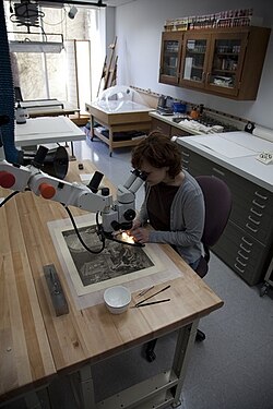 A conservation technician examining an artwork under a microscope at the Indianapolis Museum of Art