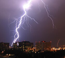 Lightning is a highly visible form of energy transfer and is an example of plasma present at Earth's surface. Typically, lightning discharges 30,000 amperes at up to 100 million volts, and emits light, radio waves, X-rays and even gamma rays.[21] Plasma temperatures in lightning can approach 28,000 kelvins (27,726.85 °C) (49,940.33 °F) and electron densities may exceed 1024 m−3.
