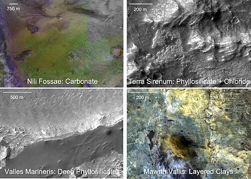 Four outcroppings of Lower Noachian rocks showing spectral signatures of mineral alteration by water. (CRISM and HiRISE images from the Mars Reconnaissance Orbiter)