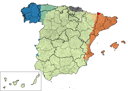 The vernacular languages of Spain (simplified) Spanish official; spoken all over the country Catalan, co-official Basque, co-official Galician, co-official Occitan (Aranese), co-official Asturian (and Leonese), recognised but not official Aragonese, recognised but not official