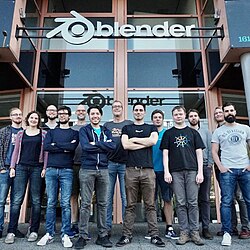 The Amsterdam team with Ton Roosendaal in front of the Blender Foundation headquarters