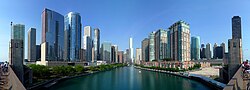 The Chicago River is the south border of the Near North Side and the north border of the Loop, which is pictured here; the Loop's Near East Side is to the left in this picture.