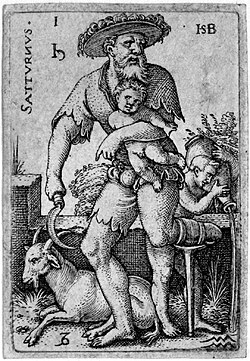 Saturn, with Capricorn and Aquarius at his feet and the New Year personified as an infant in his arms, from The Seven Planets with the Signs of the Zodiac (1539) by Hans Sebald Beham