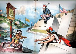 Editorial cartoon promoting intervention in Cuba. Columbia (the American people) reaches out to help oppressed Cuba in 1897 while Uncle Sam (the U.S. government) is blind to the crisis and will not use its powerful guns to help. Judge magazine, February 6, 1897.