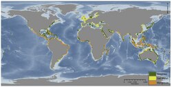 Global distribution of blue carbon (rooted vegetation in the coastal zone): tidal marshes, mangroves and seagrasses.[59]