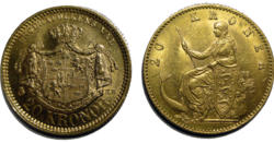 Two golden 20 kr coins from the Scandinavian Monetary Union, which was based on a gold standard. The coin to the left is Swedish and the right one is Danish.