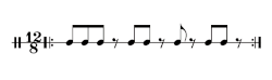 Basic rhythm from Clapping Music by Steve Reich, which is played against itself. First in rhythmic unison, then with one part moved ahead by an eighth note, then another, and so on, till they are back together—an example of Nyman's process-type 4.First two patterns, abbreviated