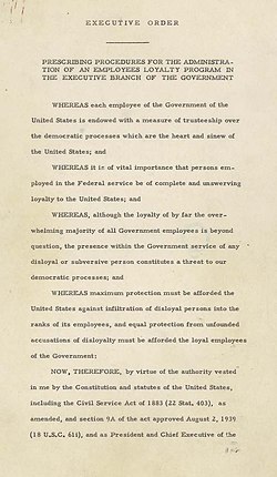Executive Order 9835, signed by President Truman in 1947