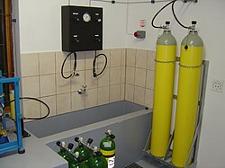 A small scuba filling and blending station supplied by a compressor and storage bank