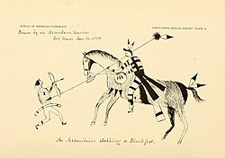 Mounted Assiniboine warrior attacking a Blackfoot. Drawn by an Assiniboine warrior at Fort Union