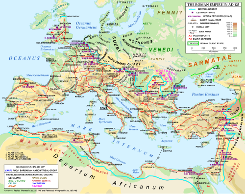 Map of the Roman Empire and barbarian tribes in 125 AD