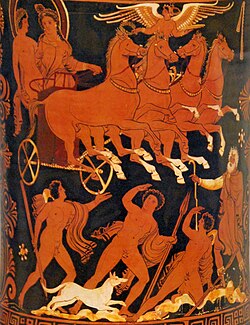 The rape of Cephalus by Eos, Apulian red-figure Loutrophoros, ca. 330 BC