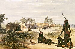 Ethnoarchitectural forms constructed by the Torres Strait Islanders on the exposed beaches and cays at Mt Ernest Island (Naghi or Nagheer). Hand-coloured lithograph by Melville, c. 1849