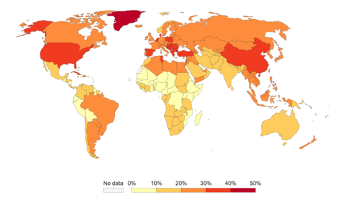 Share of cancer deaths attributed to tobacco in 2016[44]