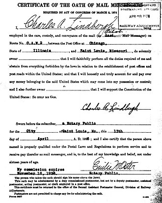 "Certificate of the Oath of Mail Messengers", executed by Lindbergh