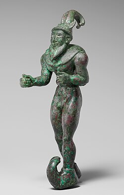 Striding figure with ibex horns, a raptor skin draped around the shoulders, and upturned boots, c. 3000 BC, Mesopotamia or Iran, Metropolitan Museum of Art