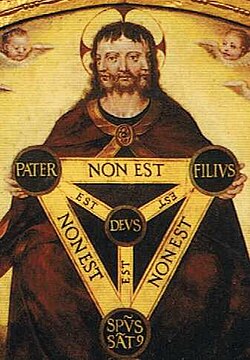 Renaissance painting by Jerónimo Cosida depicting the Christian Trinity, as a three faced head, accompanied by a Shield of the Trinity diagram.