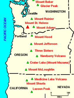 Notable volcanoes in the US portion of the Cascades.