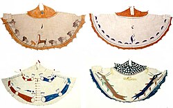 Four Kiowa tipis with designs, 1904. Top L to R, bison herd and pipe-smoking deer; porcupines; bottom, L to R: arms and legs with pipes and lizard; mythical water monsters.