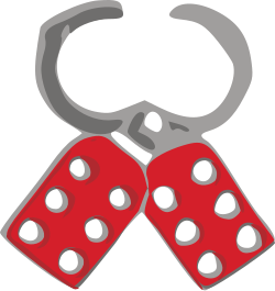 Folding lockout hasp, allowing six padlocks to lock out one device.