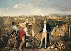 A 1805 painting of Benjamin Hawkins on his plantation, instructing Muscogee Creek in European technology