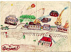 Drawing by 10-year-old Polina Zherebtsova from her diary, showing the battle of Grozny.