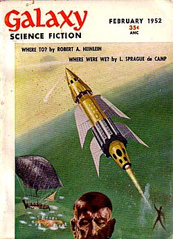 In 1952, Richard M. Powers provided a Galaxy Science Fiction cover highlighting essays by de Camp and by Robert A. Heinlein.