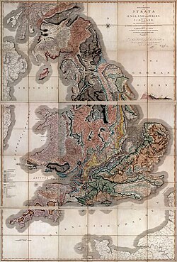 William Smith's geological map of England, Wales, and southern Scotland. Completed in 1815, it was the second national-scale geologic map, and by far the most accurate of its time.[125][failed verification]
