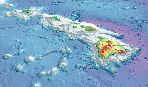 3-D perspective view of the southeastern Hawaiian Islands, with the white summits of Mauna Loa (4,170 m or 13,680 ft high) and Mauna Kea (4,207.3 m or 13,803 ft high). The islands are the tops of massive volcanoes, the bulk of which lie below the sea surface. Ocean depths are colored from violet (5,750 m or 18,860 ft deep northeast of Maui) and indigo to light gray (shallowest). Historical lava flows are shown in red, erupting from the summits and rift zones of Mauna Loa, Kilauea, and Hualalai volcanoes on Hawaiʻi.