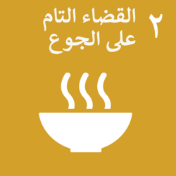 The Zero Hunger SDG, Goal 2 represented in Arabic. Goal 2 focuses on reducing hunger and poverty, as an international agreed upon goal and agenda.