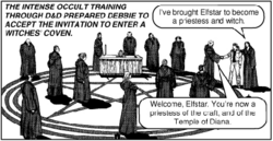 In Dark Dungeons by Jack T. Chick, a girl gets involved in wicca through the "occult training" she receives while playing Dungeons & Dragons. Later she converts to Christianity and rejects the game, burning the materials and avoiding Hell, which is explicitly stated as the destination of all D&D players.