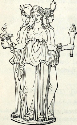 Hecate, Greek goddess of the crossroads; drawing by Stéphane Mallarmé in Les Dieux Antiques, nouvelle mythologie illustrée in Paris, 1880