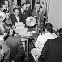 Adhesive testing at Swedish company Casco, using glued wood blocks, in Stockholm 1954.